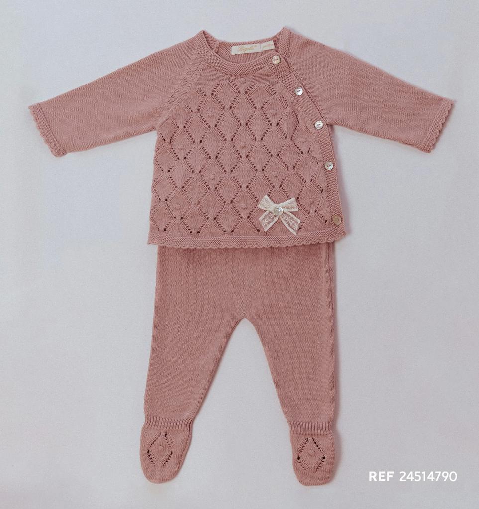 Rigola Old Rose Organic Cotton Two Piece Knit Set, Bonnet and Blanket In Stock Now