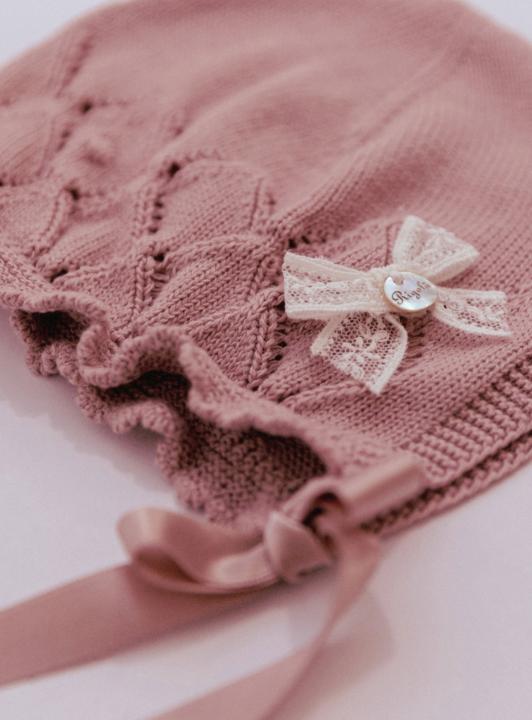 Rigola Old Rose Organic Cotton Two Piece Knit Set, Bonnet and Blanket In Stock Now