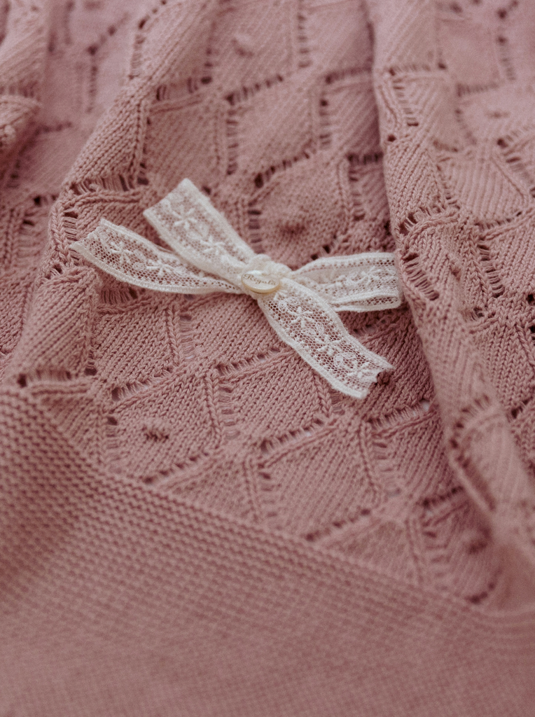 Rigola Old Rose Organic Cotton Two Piece Knit Set, Bonnet and Blanket In Stock Now