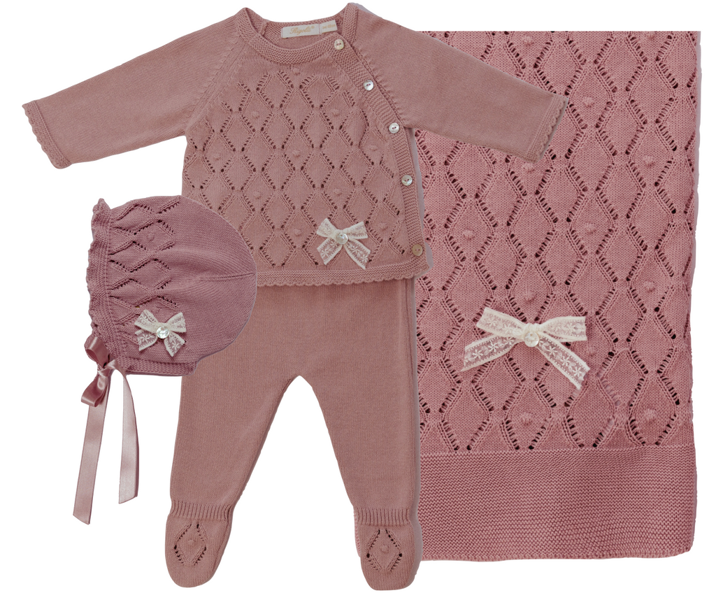 Rigola Old Rose Organic Cotton Two Piece Knit Set, Bonnet and Blanket In Stock Now