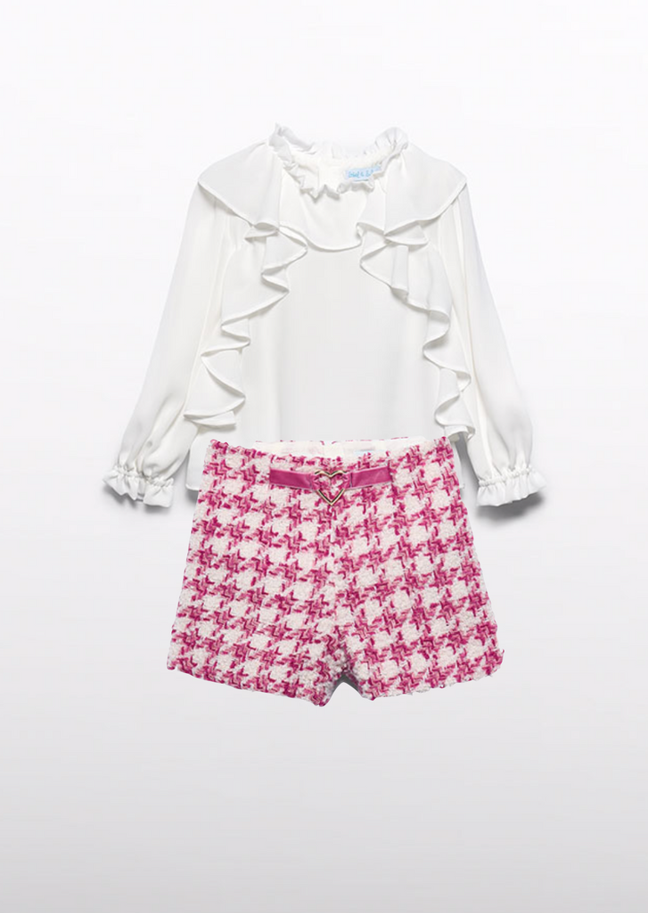 Abel & Lula 5677 Chiffon Ruffles Blouse and 5709 Houndstooth Shorts In Stock Now
