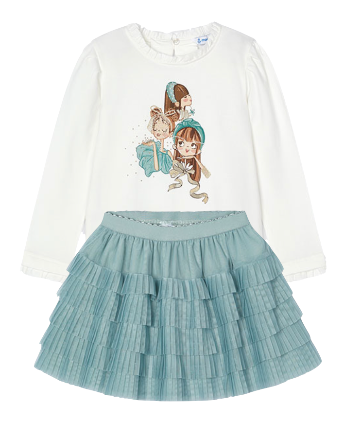 Mayoral 4065 Jade Tee-Shirt and 4902 Jade Pleated Tulle Skirt In Stock Now