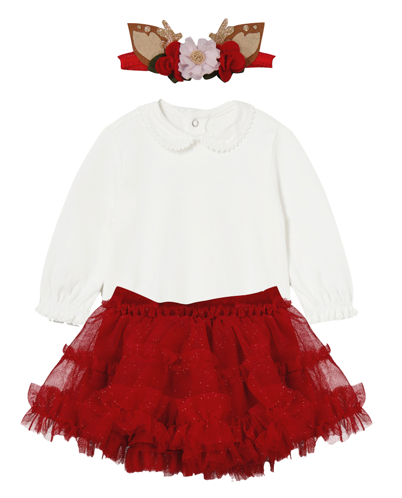 Mayoral 2701 Bodysuit and 2803 Red Spanish Skirt and Headband In Stock Now