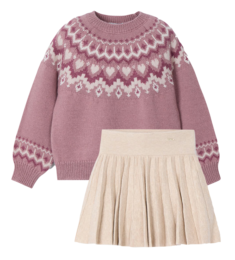 Mayoral 4358 Rose Jacquard Jumper and 4903 Sand Pleated Skirt In Stock Now