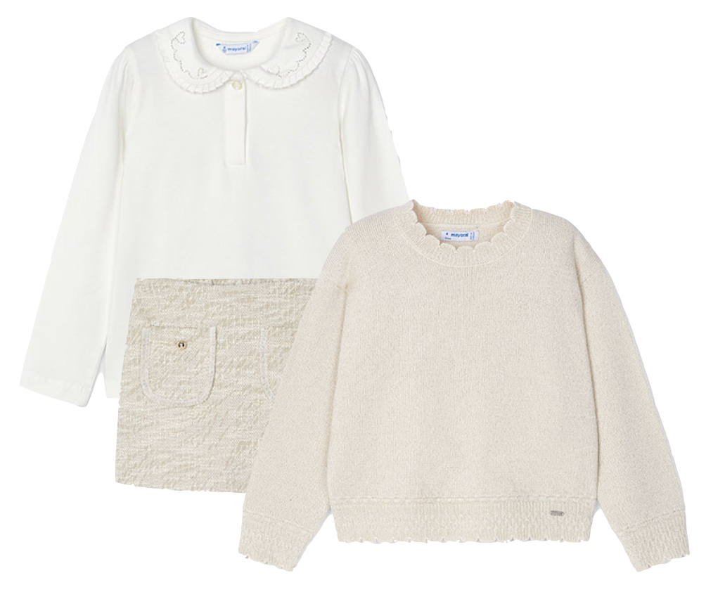 Mayoral 131 Natural Long Sleeve Blouse, 4355 Jumper and 4908 Sand Tweed Skort In Stock Now