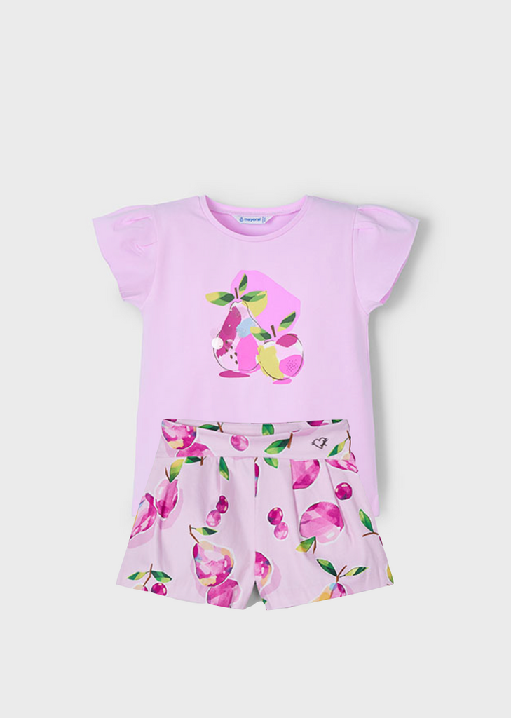 Mayoral 3015 Mauve Tee-Shirt and Mayoral 3905 Mauve Printed Shorts In Stock Now