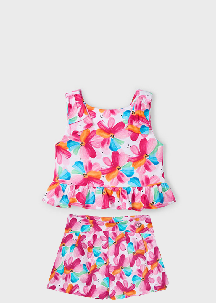 Mayoral 3023 Magenta Peplum Top and Mayoral 3905 Magenta Printed Shorts In Stock Now