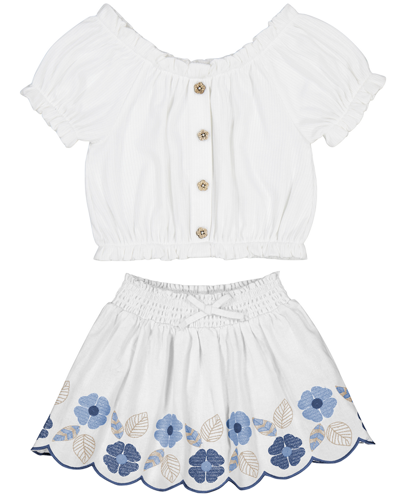 Mayoral 3008 White Top and Mayoral 3903 Embroidered Skirt In Stock Now