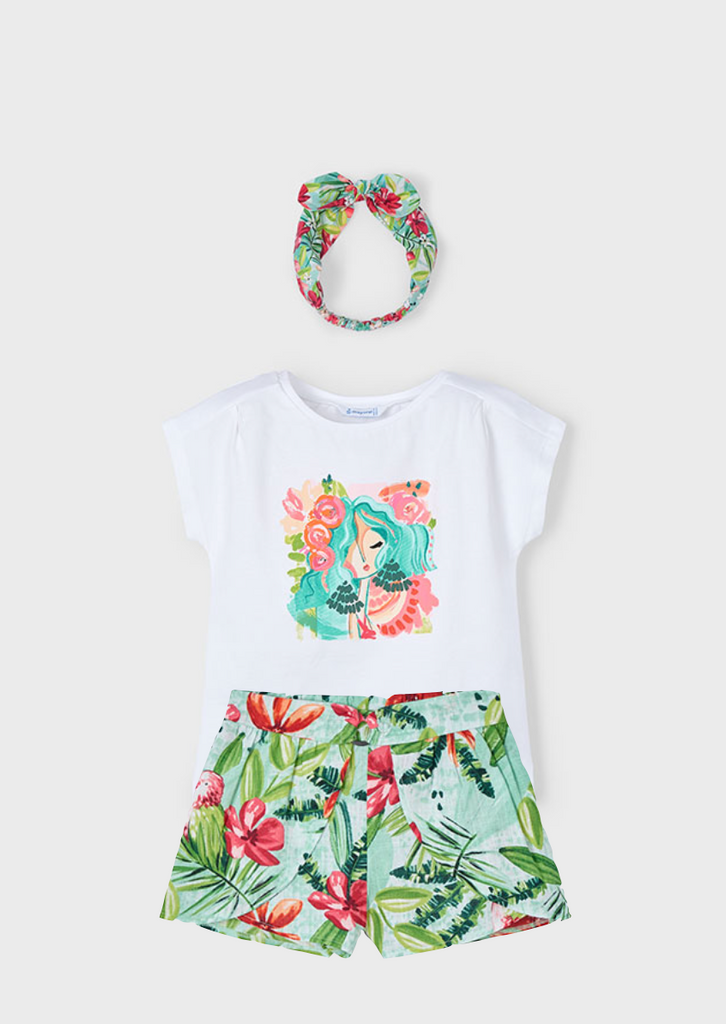 Mayoral 3009 White Tee-Shirt, Headband and Mayoral 3908 Aqua Shorts In Stock Now