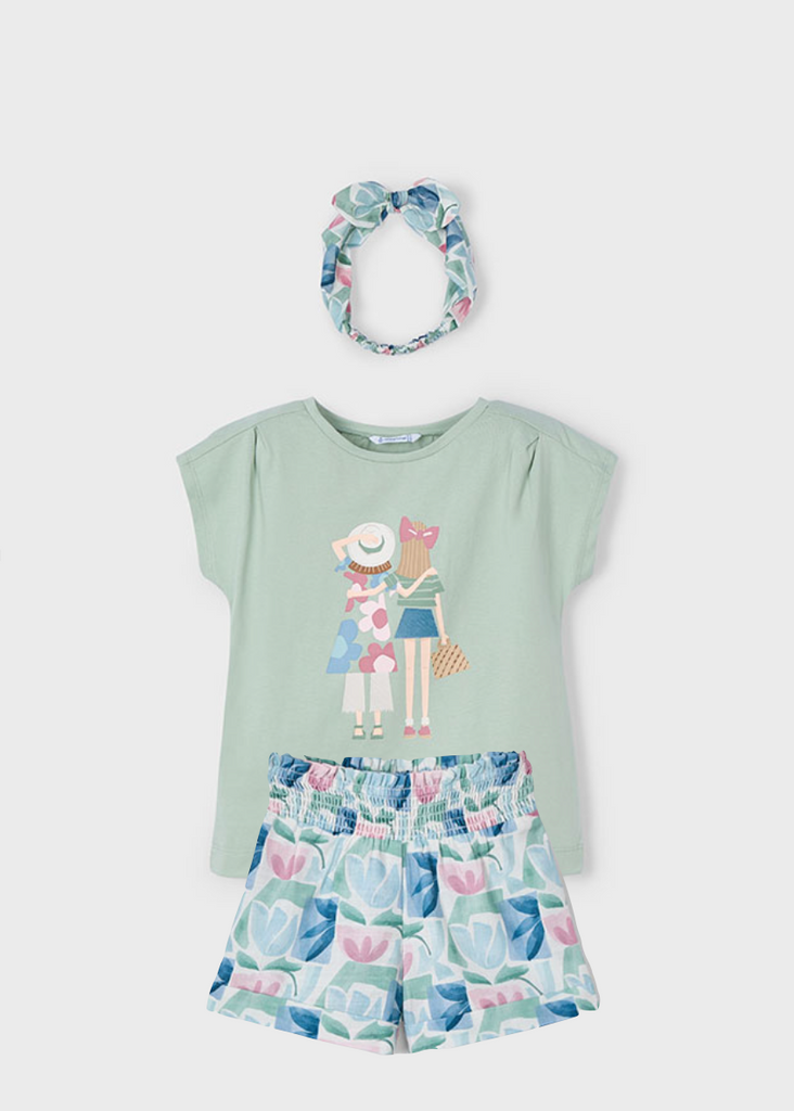 Mayoral 3009 Jade Tee-Shirt, Headband and Mayoral 3203 Mint Shorts In Stock Now