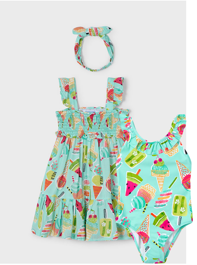 Mayoral 3939 Aqua Dress, Headband and Mayoral 3719 Aqua Swimming Costume In Stock Now