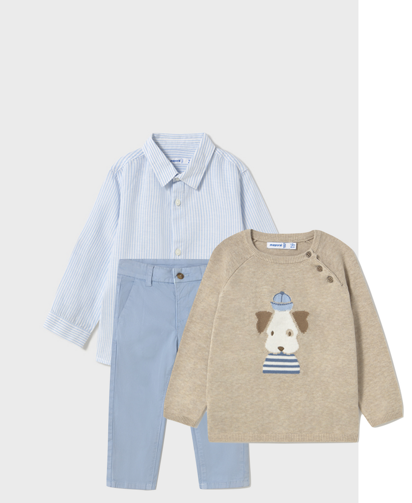 Mayoral 1116 Light Blue Linen Shirt, Mayoral 522 Light Blue Twill Trousers and Mayoral 1302 Jumper In Stock Now