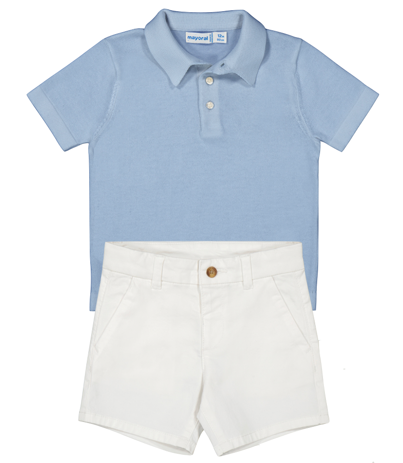Mayoral 1106 Light Blue Polo Shirt and Mayoral 207 White Twill Shorts In Stock Now