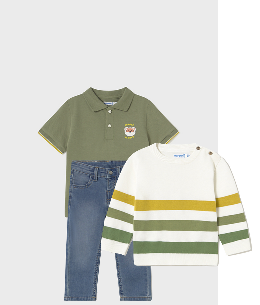 Mayoral 1108 Sage Polo Shirt, Mayoral 1582 Denim Jeans and Mayoral 1301 Stripe Jumper In Stock Now