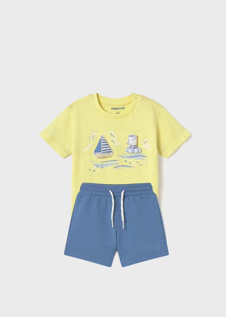 Mayoral 1059 Yellow Short Sleeve Tee-Shirt and Mayoral 621 Capri Blue Shorts In Stock Now