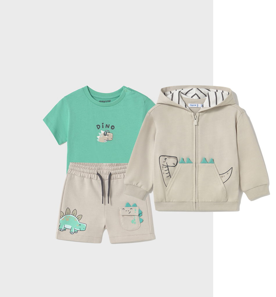 Mayoral 1062 Short Sleeve Tee-Shirt, Mayoral 1242 Shorts and Mayoral 1473 Dinosaur Hooded Jumper In Stock Now