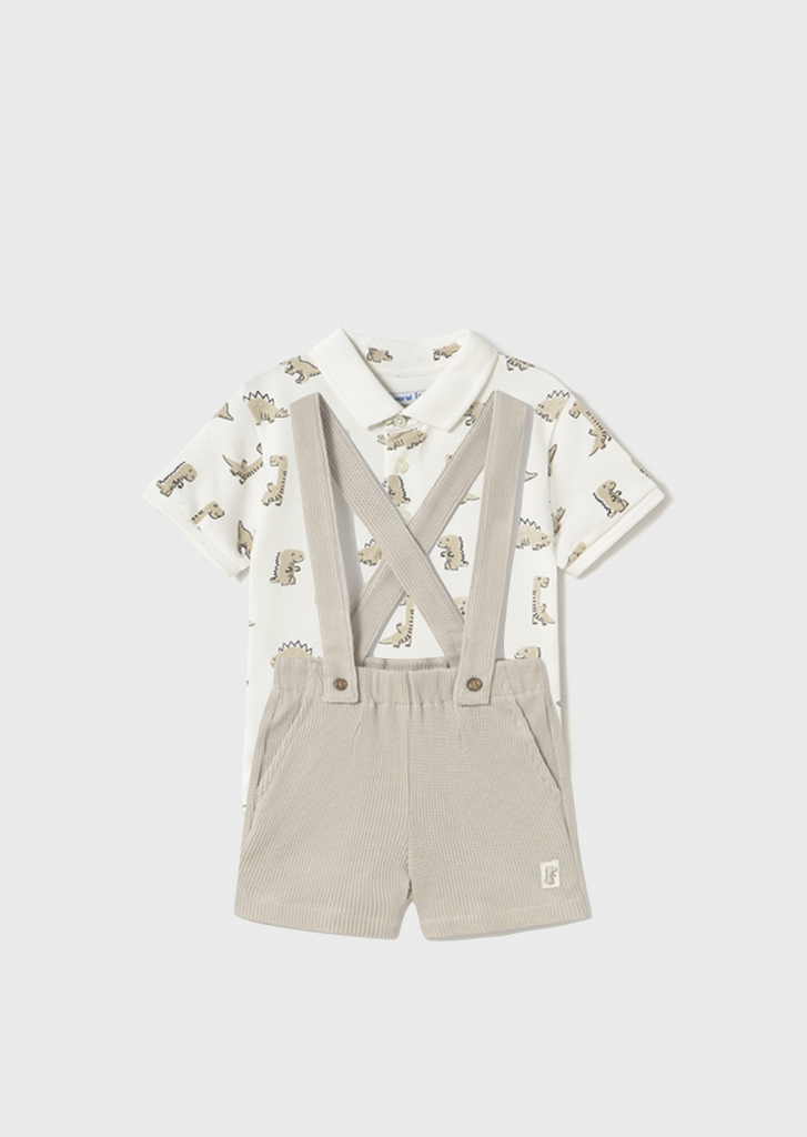 Mayoral 1109 Dinosaur Short Sleeve Polo Shirt and Mayoral 1243 Shorts with Braces In Stock Now