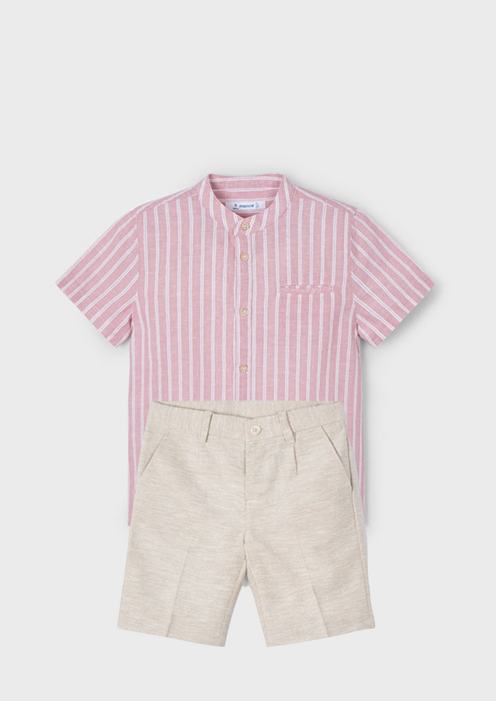 Mayoral 3113 Short Sleeve Stripe Linen Shirt and Mayoral 3217 Sand Linen Shorts In Stock Now