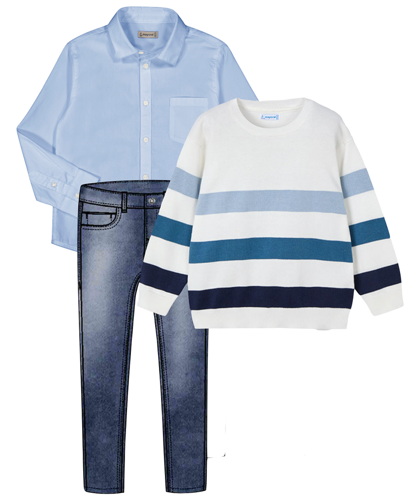 Mayoral 140 Sky Blue Long Sleeve Shirt, Mayoral 3567 Dark Denim Jeans and Mayoral 3366 Blue Stripe Jumper In Stock Now