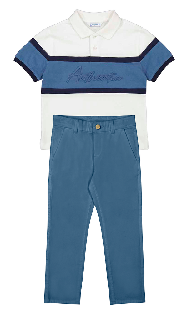 Mayoral 3103 Cream Short Sleeve Polo Shirt and Mayoral 512 Blue Twill Trousers In Stock Now