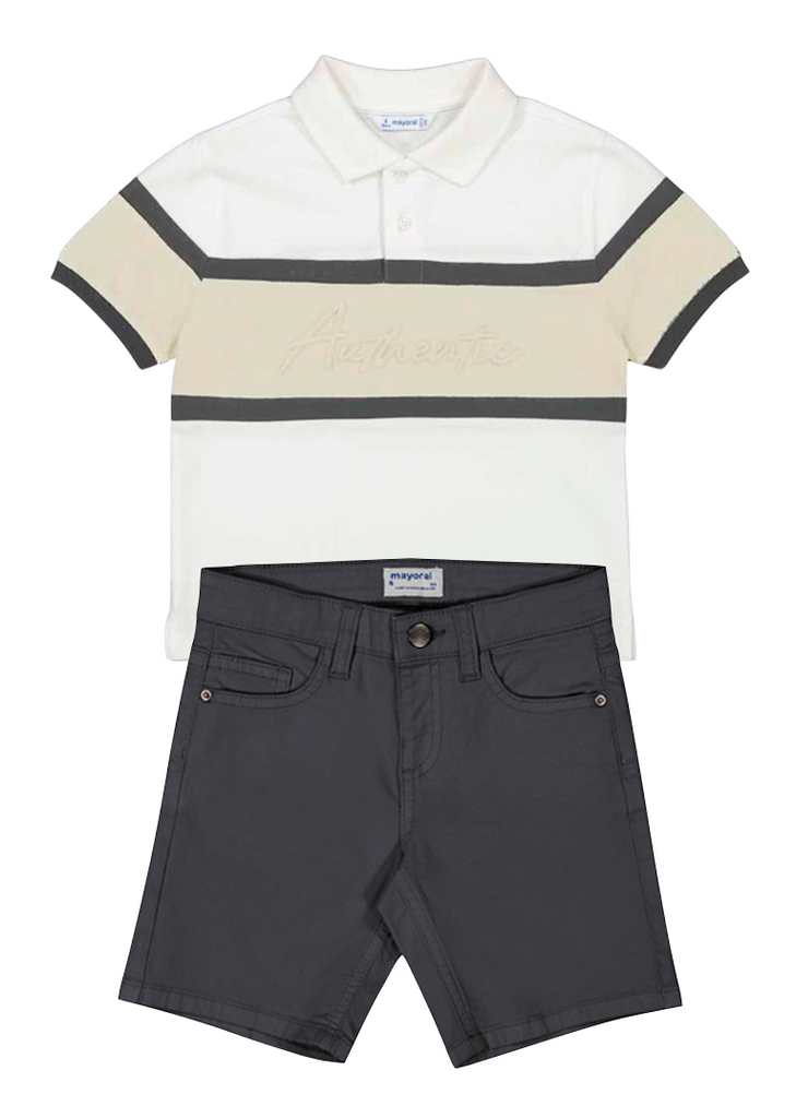 Mayoral 3103 Cream Short Sleeve Polo Shirt and Mayoral 204 Graphite Grey Twill Shorts In Stock Now