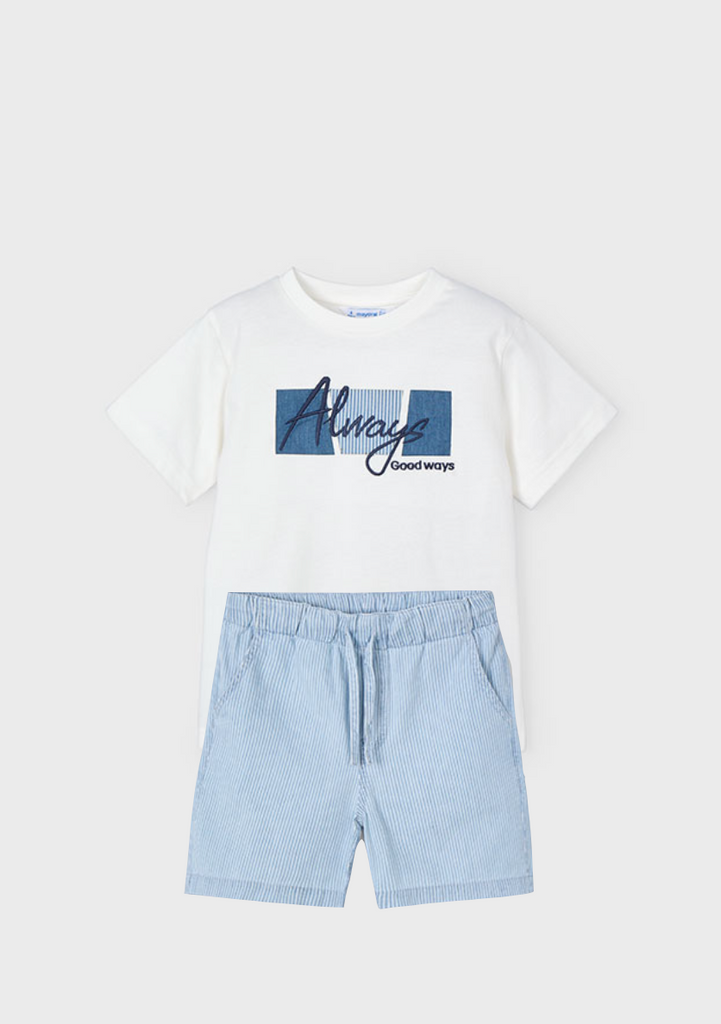 Mayoral 3025 Cream Short Sleeve Tee-Shirt and Mayoral 3228 Blue Stripe Shorts In Stock Now