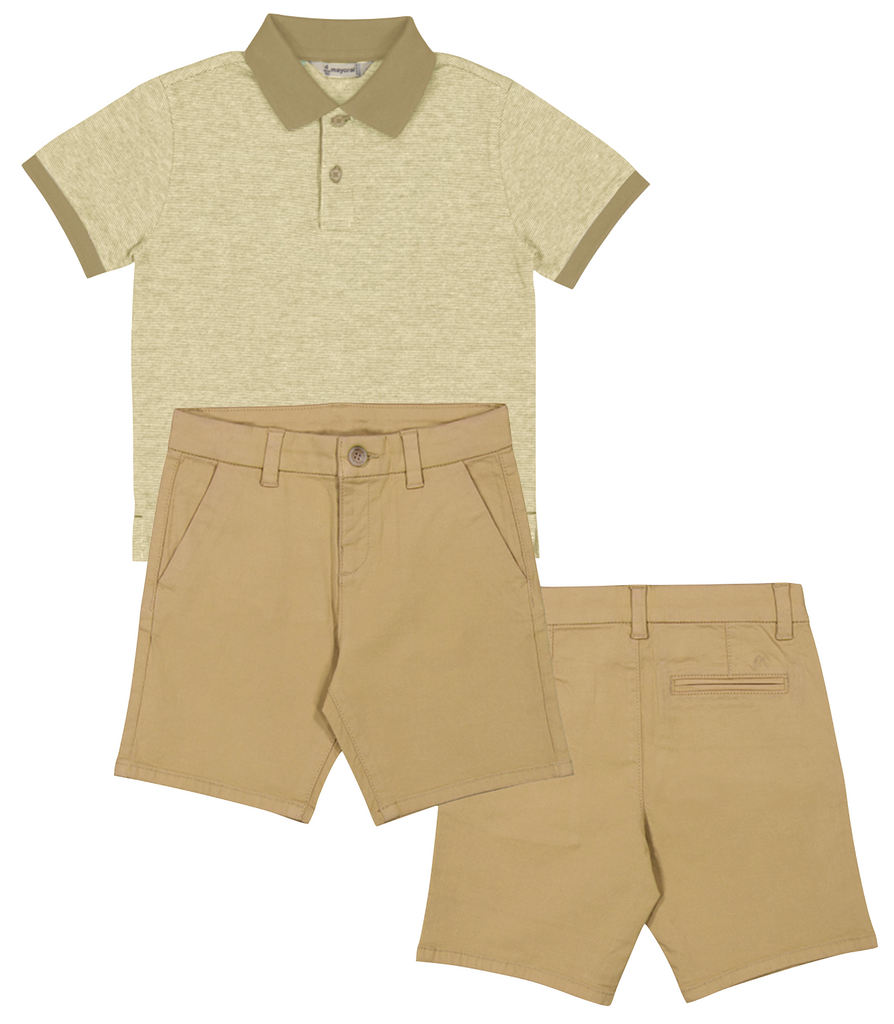 Mayoral 3105 Sand Short Sleeve Polo Shirt and Mayoral 202 Camel Twill Chino Shorts In Stock Now