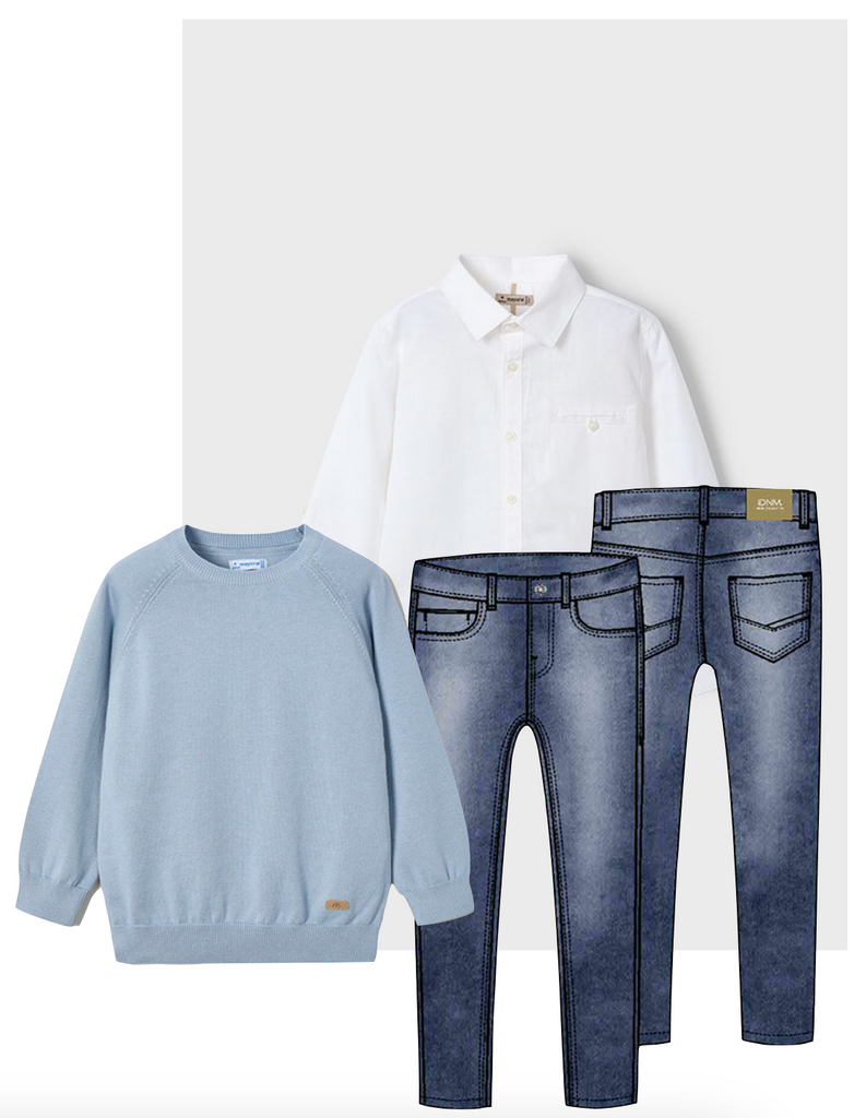 Mayoral 3121 White Linen Long Sleeve Shirt, Mayoral 3567 Dark Denim Jeans and Mayoral 311 Jumper In Stock Now
