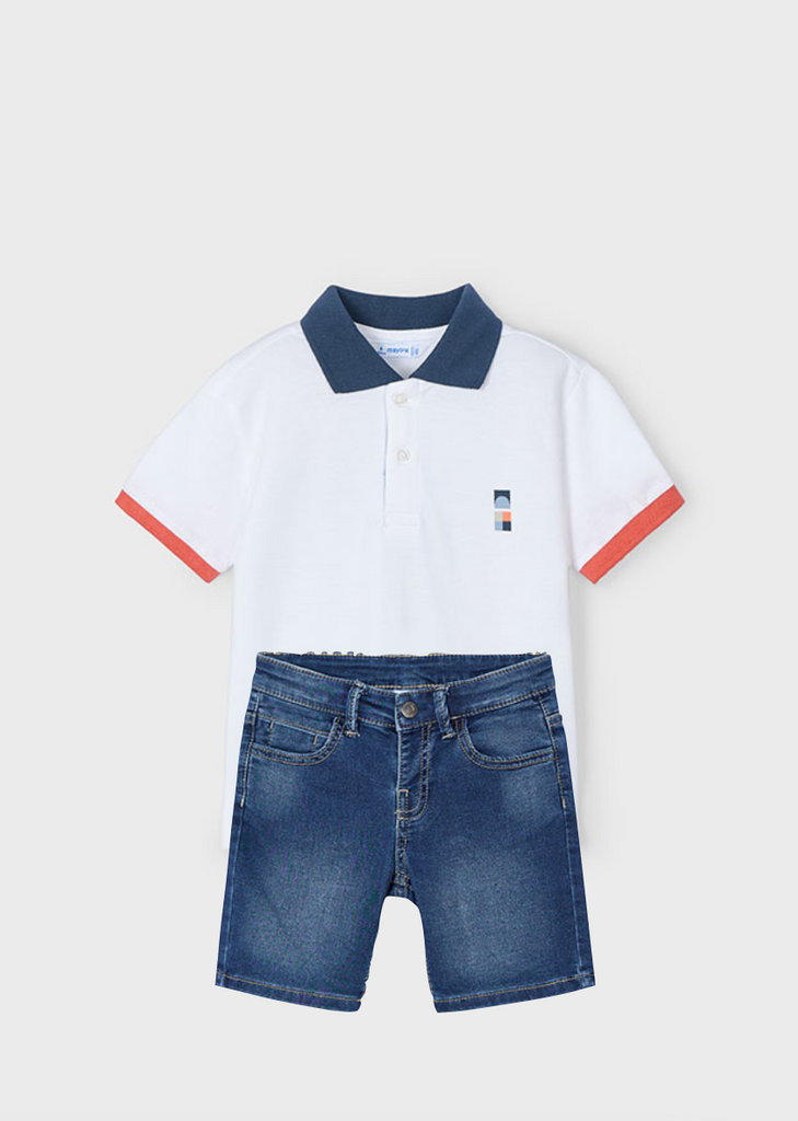 Mayoral 3106 Short Sleeve Polo Shirt and Mayoral 3218 Dark Denim Shorts In Stock Now