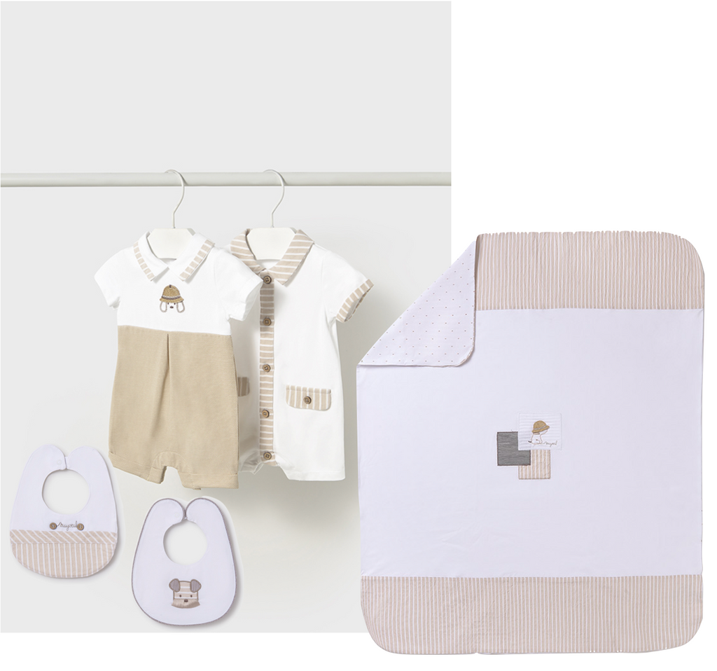 Mayoral 1705 Pack of Two Rompers, Mayoral 9877 Pack of Two Bibs and Mayoral 9861 Blanket In Stock Now
