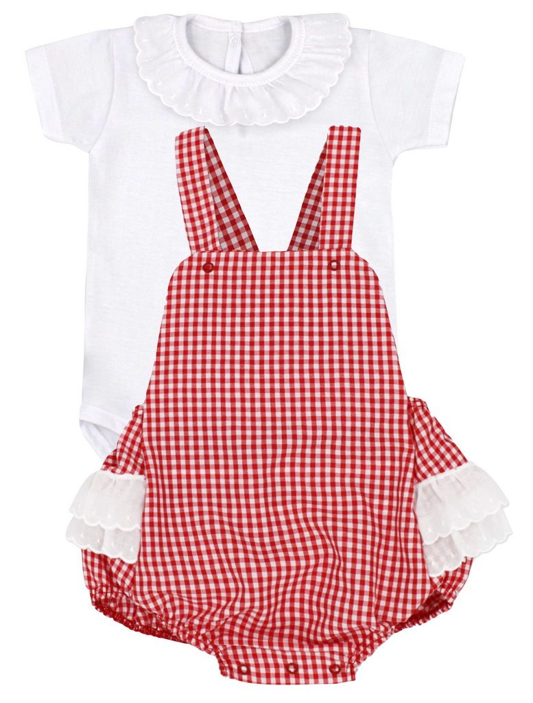 Rapife 877 White Bodysuit and 4923 Red Gingham Ruffle Bottom Dungaree In Stock Now