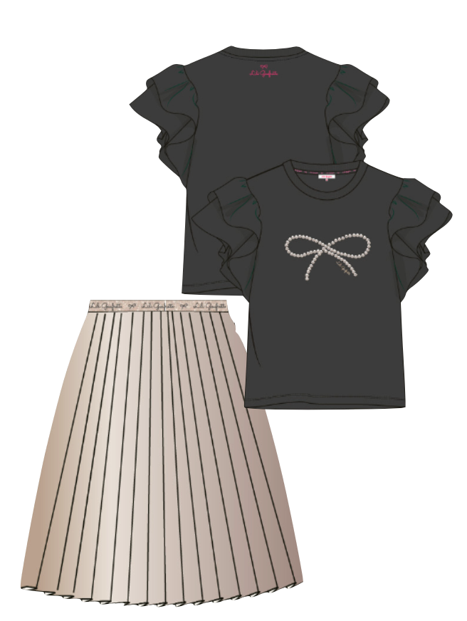 Lili Gaufrette Black Bow Tee-Shirt and Light Gold Satin Pleated Skirt Set In Stock Now