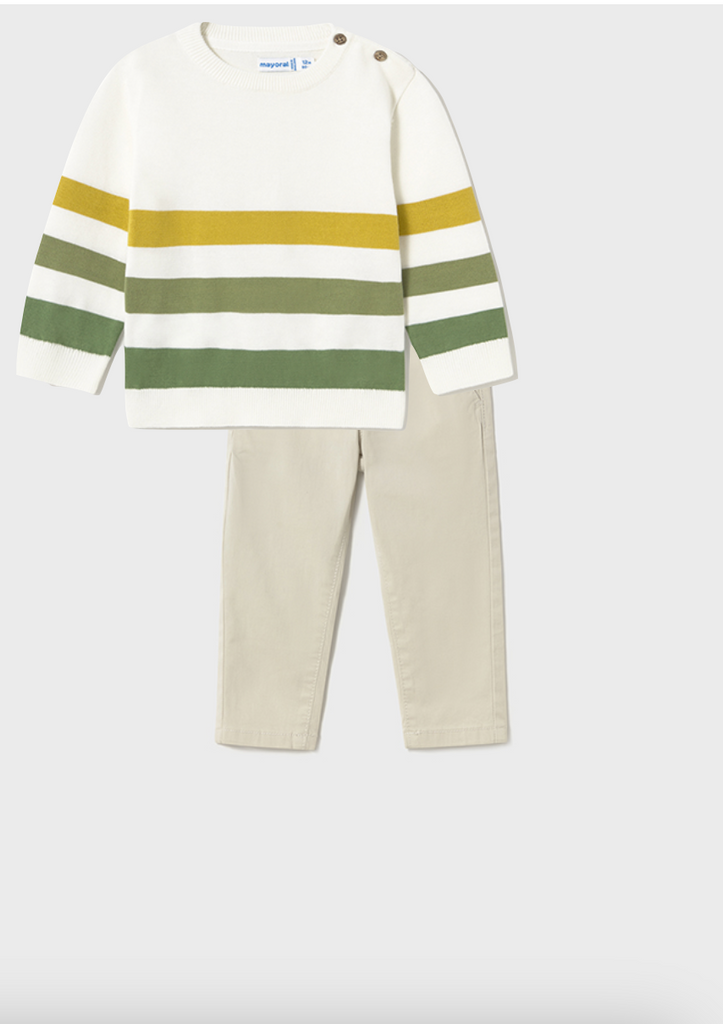 Mayoral 1301 Sage Stripe Jumper and Mayoral 522 Twill Trousers In Stock Now