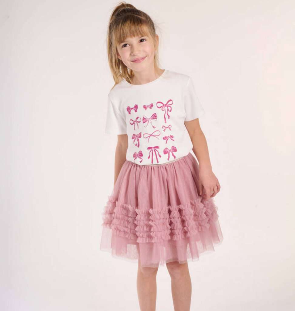 Lili Gaufrette Bow Tee-Shirt and Pink Chiffon Skirt Set In Stock Now