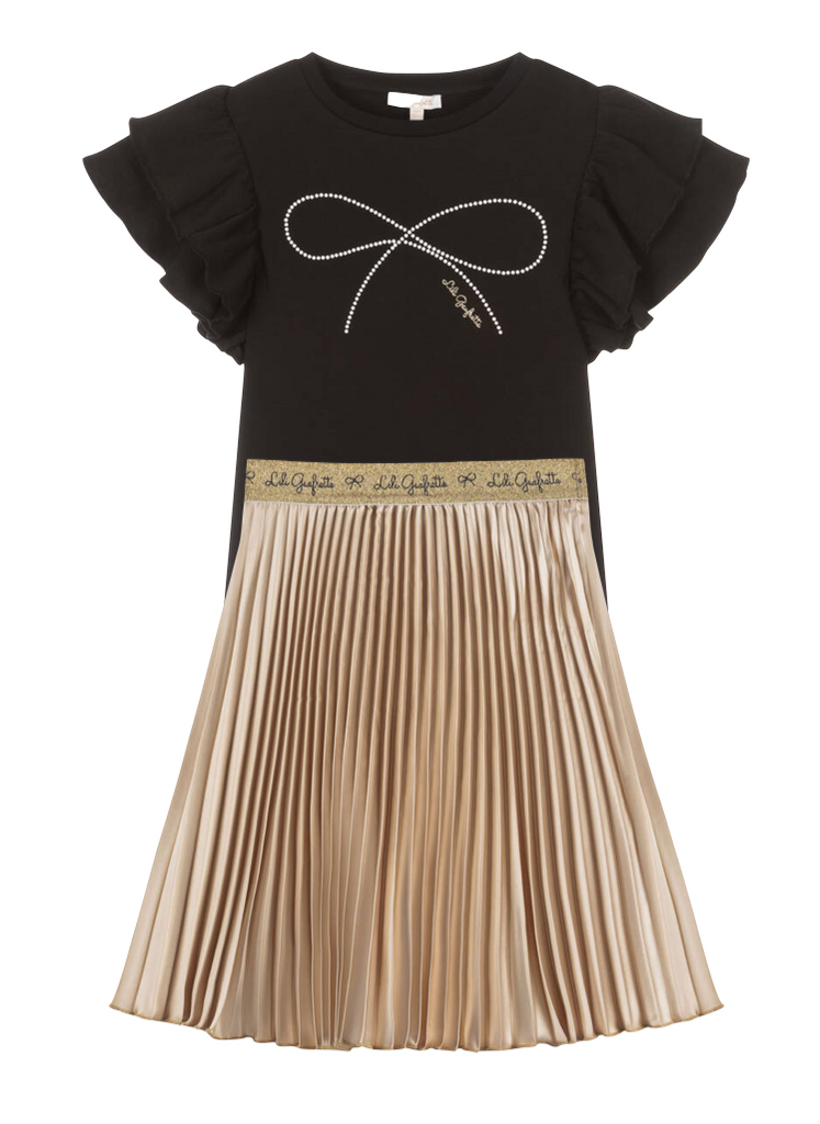 Lili Gaufrette Black Bow Tee-Shirt and Light Gold Satin Pleated Skirt Set In Stock Now