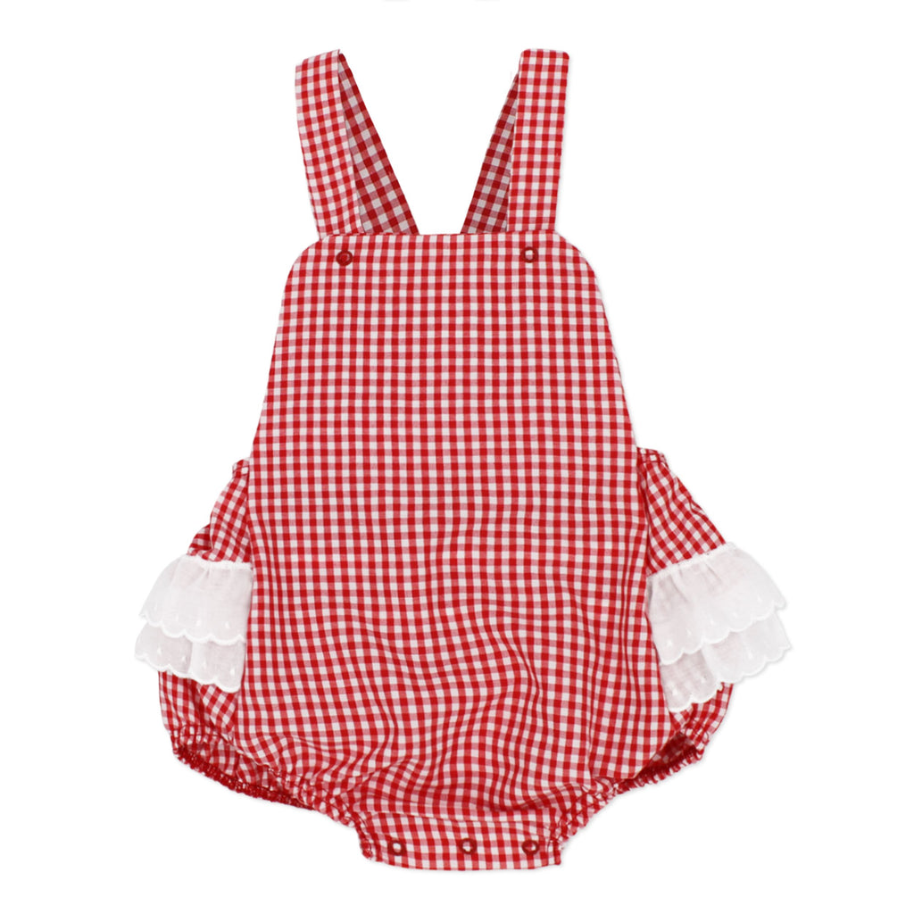 Rapife 877 White Bodysuit and 4923 Red Gingham Ruffle Bottom Dungaree In Stock Now