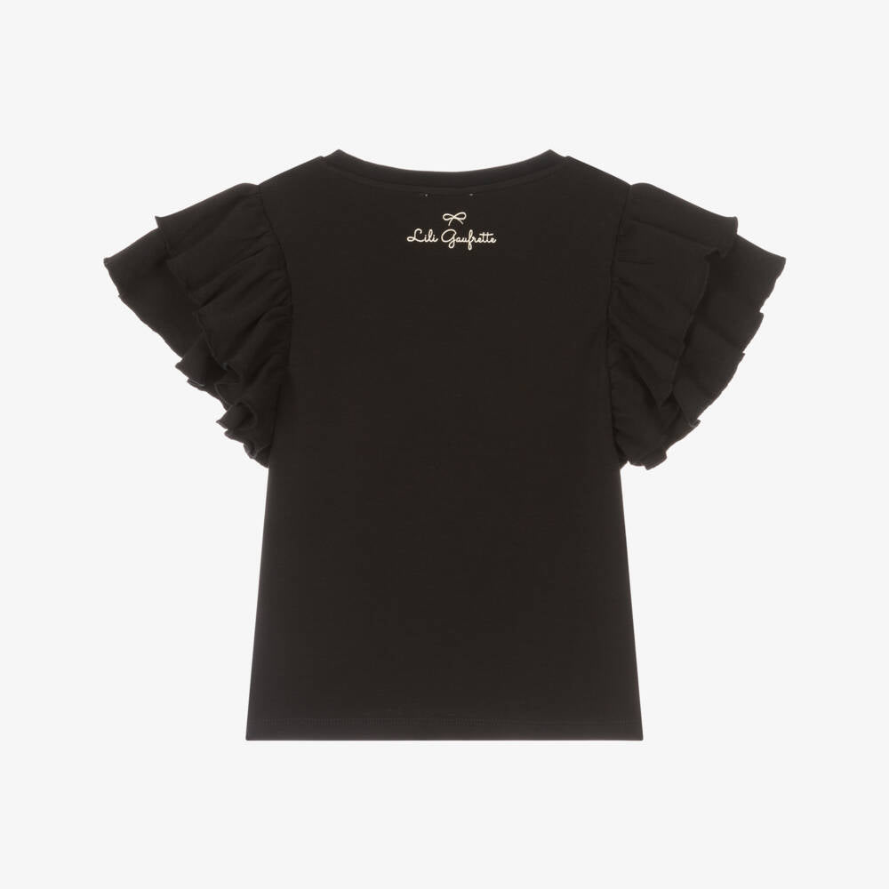 Lili Gaufrette Black Bow Tee-Shirt and Light Gold Satin Pleated Skirt Set In Stock Now