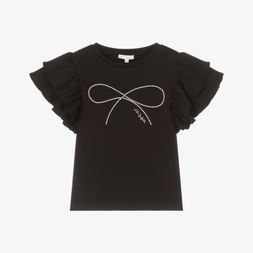 Lili Gaufrette Black Bow Tee-Shirt and Light Gold Satin Pleated Skirt Set In Stock Now