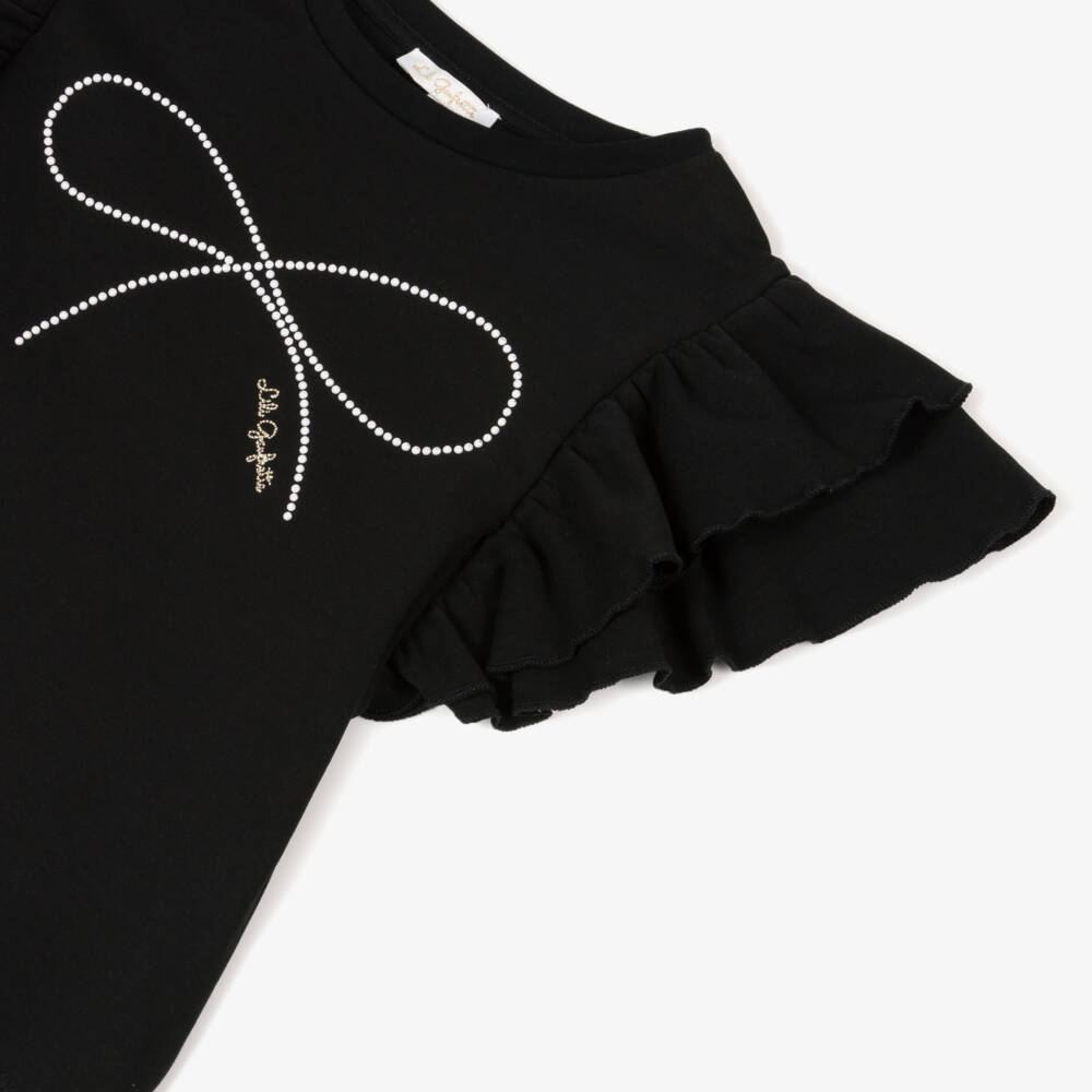 Lili Gaufrette Black Bow Tee-Shirt and Light Gold Satin Pleated Skirt Set In Stock Now