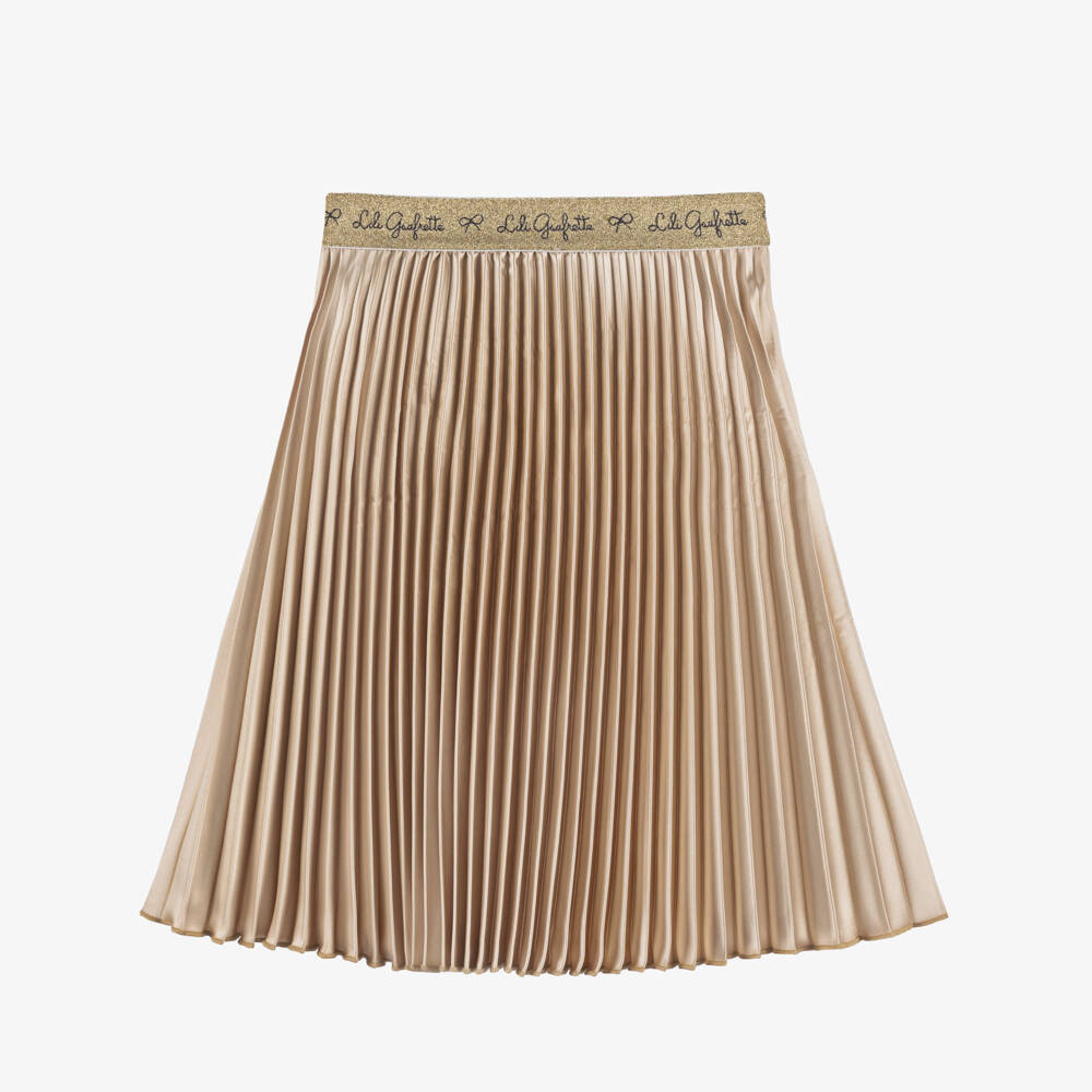 Lili Gaufrette Black Bow Tee-Shirt and Light Gold Satin Pleated Skirt Set In Stock Now
