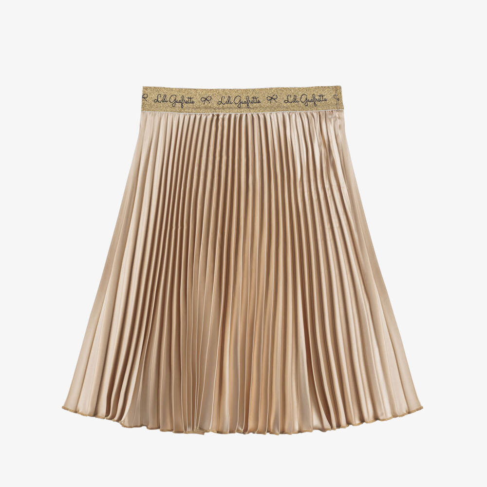 Lili Gaufrette Black Bow Tee-Shirt and Light Gold Satin Pleated Skirt Set In Stock Now